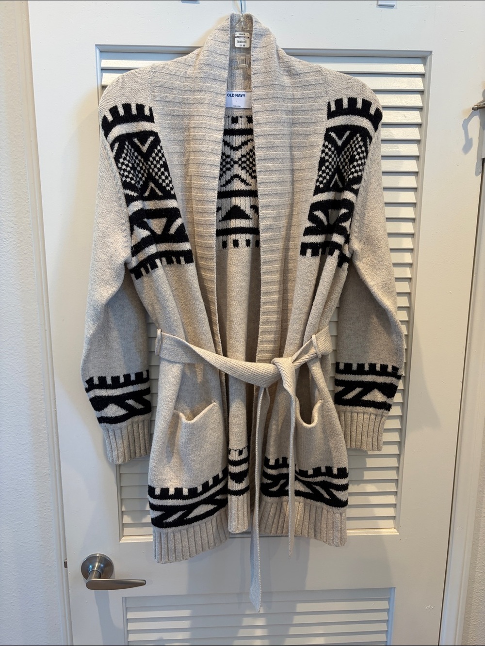 Old Navy Cream and Black Aztec Belted Shawl Cardigan